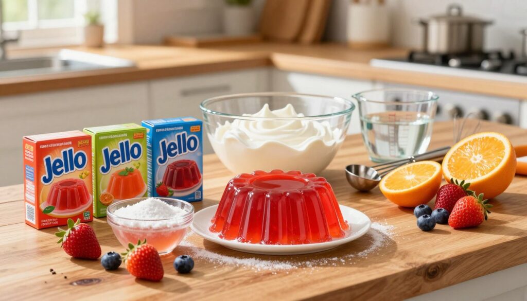 A beautifully arranged collection of ingredients for a classic Jello cake recipe sits on a polished wooden countertop. In the foreground, vibrant boxes of flavored Jello in assorted colors are displayed alongside a bowl of shimmering powdered gelatin. A sunny assemblage of fresh fruits—strawberries, blueberries, and mandarin oranges—adorns the scene, their colors popping against the rustic wood. In the middle ground, a clear mixing bowl filled with whipped cream and a measuring cup of water contrast against a set of measuring spoons and a whisk. The background is softly blurred, hinting at a cozy kitchen with warm, natural light streaming in through a window. The atmosphere is inviting and cheerful, evoking a sense of creativity and joy in baking. The image captures the essence of fun and deliciousness associated with making a Jello cake.