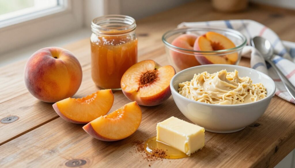 A beautifully arranged flat lay of ingredients for a peach dump cake, showcasing fresh, ripe peaches sliced into wedges, alongside a bowl of cake mix and a stick of melted butter. Include a can of peach pie filling and a sprinkle of cinnamon. Place these elements on a rustic wooden kitchen table with soft, natural light pouring in from the side, creating a warm and inviting atmosphere. In the background, subtle hints of kitchen utensils and a plaid cloth can be seen, adding a homely touch. The focus is sharp on the ingredients, with a slightly blurred background to draw attention to the vibrant colors and textures of the peaches and other ingredients. The mood is cozy and nostalgic, perfect for a family dessert gathering.