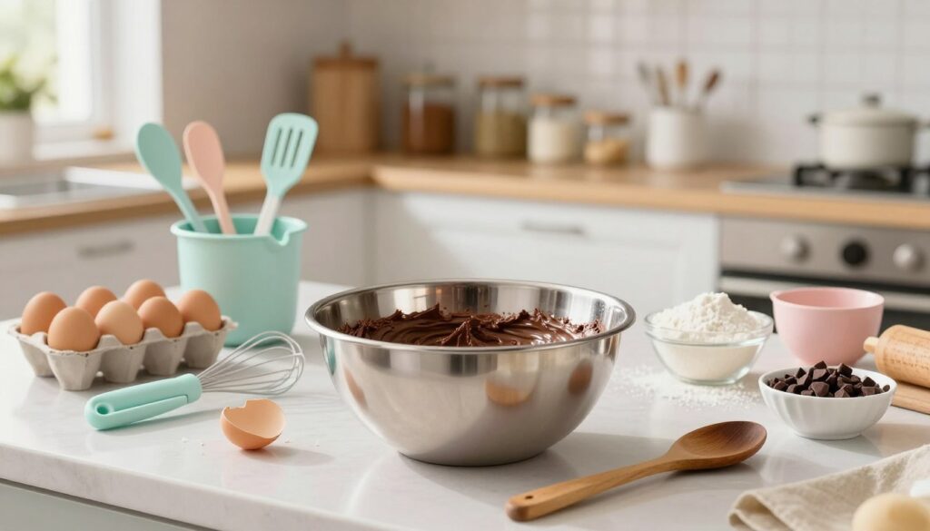 A beautifully arranged kitchen countertop showcasing a vibrant, shiny silver mixing bowl filled with rich chocolate batter, surrounded by an array of pastel-colored baking utensils and ingredients. In the foreground, a wooden spoon rests beside the bowl, adding a homey touch. The middle ground features a neatly organized selection of eggs, flour, powdered sugar, and chocolate chips, with a measuring cup and whisk prominently displayed. The background fades into a softly lit kitchen, highlighting open shelves filled with jars and baking essentials. Natural light streams in from a nearby window, creating a warm, inviting atmosphere. A shallow depth of field adds focus to the bowl and ingredients, suggesting a moment of culinary creativity and joy. The overall mood is cheerful and inspiring, perfect for enticing readers to embrace baking. A beautifully arranged kitchen countertop showcasing a vibrant, shiny silver mixing bowl filled with rich chocolate batter, surrounded by an array of pastel-colored baking utensils and ingredients. In the foreground, a wooden spoon rests beside the bowl, adding a homey touch. The middle ground features a neatly organized selection of eggs, flour, powdered sugar, and chocolate chips, with a measuring cup and whisk prominently displayed. The background fades into a softly lit kitchen, highlighting open shelves filled with jars and baking essentials. Natural light streams in from a nearby window, creating a warm, inviting atmosphere. A shallow depth of field adds focus to the bowl and ingredients, suggesting a moment of culinary creativity and joy. The overall mood is cheerful and inspiring, perfect for enticing readers to embrace baking.