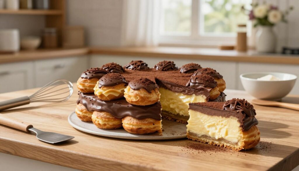 A beautifully arranged make-ahead chocolate eclair cake sits elegantly on a wooden kitchen table. The cake showcases layers of rich chocolate ganache, luscious cream filling, and buttery éclairs, artfully stacked and decorated with a sprinkle of cocoa powder. In the foreground, a slice has been cut out, revealing the delightful creamy layers inside. The middle ground features an assortment of kitchen tools like a whisk, spatula, and a bowl with additional ingredients, hinting at the baking process. Soft, warm natural light streams in from a nearby window, casting gentle shadows and creating a cozy atmosphere. The background includes blurred hints of kitchen shelves filled with baking supplies and a vase of fresh flowers for a touch of freshness. The overall feeling is inviting and homely, perfect for showcasing this delectable dessert. A beautifully arranged make-ahead chocolate eclair cake sits elegantly on a wooden kitchen table. The cake showcases layers of rich chocolate ganache, luscious cream filling, and buttery éclairs, artfully stacked and decorated with a sprinkle of cocoa powder. In the foreground, a slice has been cut out, revealing the delightful creamy layers inside. The middle ground features an assortment of kitchen tools like a whisk, spatula, and a bowl with additional ingredients, hinting at the baking process. Soft, warm natural light streams in from a nearby window, casting gentle shadows and creating a cozy atmosphere. The background includes blurred hints of kitchen shelves filled with baking supplies and a vase of fresh flowers for a touch of freshness. The overall feeling is inviting and homely, perfect for showcasing this delectable dessert.