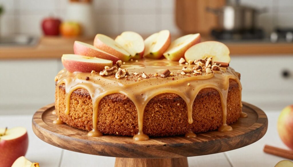 A beautifully decorated cake top featuring a classic Amish applesauce cake, elegantly presented on a rustic wooden cake stand. The foreground showcases luscious, creamy caramel frosting drizzled artistically over the top, with hints of warm cinnamon and nutmeg sprinkled for added flavor. Around the edges, a delicate arrangement of fresh apple slices and a sprinkle of chopped nuts add a rustic charm. The middle ground features soft, diffused natural lighting highlighting the cake’s moist texture, while a blurred background of a cozy kitchen setting with fall-themed decor enhances the atmosphere. Capture the inviting warmth and homeliness, evoking a sense of tradition and comfort, suitable for inspiring an audience’s culinary creativity.
