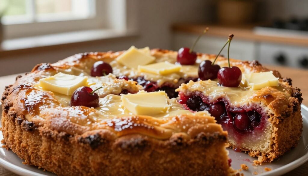 A close-up of a beautifully arranged butter top on a freshly baked cherry dump cake, showcasing the rich, golden-brown crust glistening with melted butter. In the foreground, focus on the texture of the buttery topping, highlighting the slight sheen against the soft, gooey cherry filling underneath. The middle ground features pieces of the cake cut into squares, with a few cherries sprinkled on top, emphasizing the dessert's delightful flavors. The background softly blurs out a rustic kitchen setting, with warm wooden textures and natural lighting coming from a nearby window, casting gentle shadows to create an inviting atmosphere. Capture a warm, homely mood that conveys comfort and deliciousness, perfect for a cozy gathering.