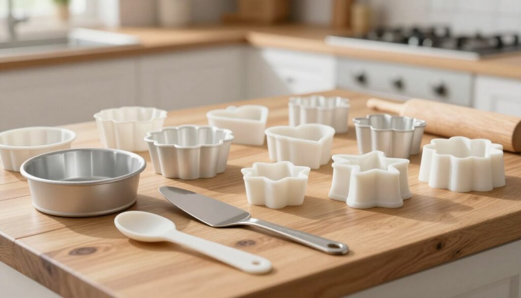 A close-up shot of an assortment of pan tools for cake, elegantly arranged on a rustic wooden kitchen countertop. In the foreground, include a small, round cake pan, a silicone spatula, measuring spoons, and a offset cake server. In the middle, feature a variety of decorative cake molds, such as heart and star shapes, with intricate designs visible. The background softly blurs out, revealing a warm, inviting kitchen ambiance with natural light streaming through a window, casting gentle shadows. The scene should evoke a cozy, creative atmosphere conducive to baking, with a color palette of warm whites and soft pastels. Capture this at a 45-degree angle, ensuring all tools are clearly visible, creating an inviting setup for aspiring bakers.