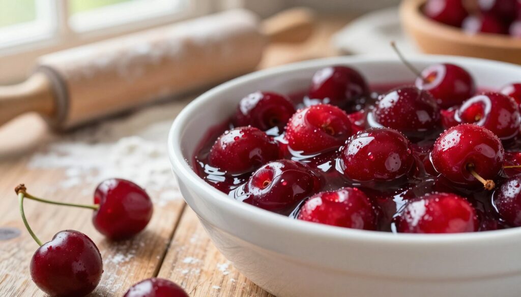 A close-up shot of delicious cherry pie filling in a bright, shallow white bowl. The filling is vibrant red, glistening with a glossy finish, showcasing plump, juicy cherries mixed with a rich, sticky syrup. In the foreground, a few whole cherries lie scattered beside the bowl, highlighting the freshness of the ingredients. The middle ground features a rustic wooden table topped with a rolling pin and a dusting of flour, suggesting a baking scene. The background is softly blurred, with warm, natural light streaming in from an unseen window, creating a cozy and inviting atmosphere. Capture the richness and texture of the filling, evoking a sense of homemade comfort and deliciousness.