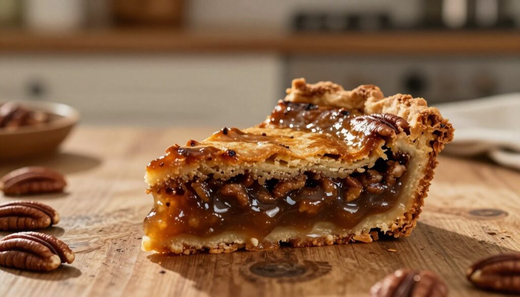 A close-up view capturing a slice of pecan pie dump cake on a rustic wooden table, showcasing a rich, golden-brown texture with glistening sticky filling that exhibits a perfect balance—smooth and slightly gooey but not overly runny. The background features a softly blurred kitchen setting with warm, ambient lighting that enhances the inviting atmosphere. A few whole pecans are scattered around, adding a hint of elegance. Capture the slice from a slightly elevated angle, revealing the layered interior and the caramelized top. The overall tone is warm and cozy, evoking the comfort of home baking, with natural light casting gentle shadows to create depth.