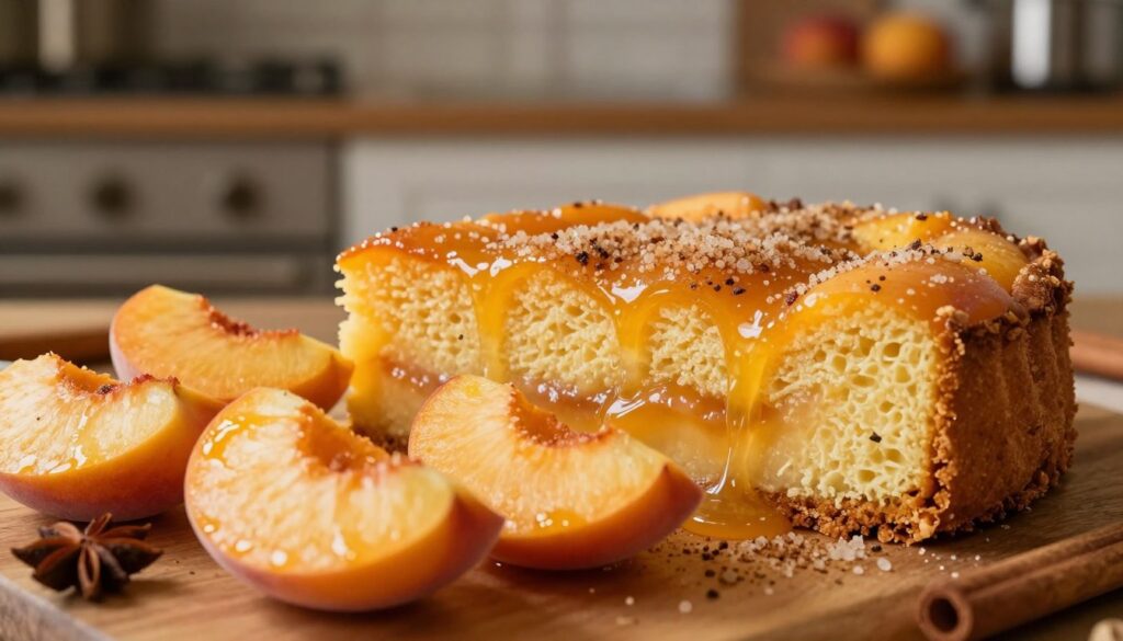 A close-up view of a beautifully arranged dessert featuring a delicious peach dump cake. In the foreground, slices of ripe, succulent peaches, their warm orange skin glistening, are interspersed with a sprinkle of glistening brown sugar and aromatic spices like cinnamon and nutmeg. The middle layer displays the fluffy, golden-yellow cake texture, gently oozing with peach juice. The background features a softly blurred kitchen scene with warm, inviting lighting, casting a cozy glow over the dish. A rustic wooden table surfaces beneath the dessert, enhancing the homely feel. A shallow depth of field focuses on the textures of the peaches and cake, evoking a sense of warmth and comfort, perfect for a family gathering or a delicious evening treat.