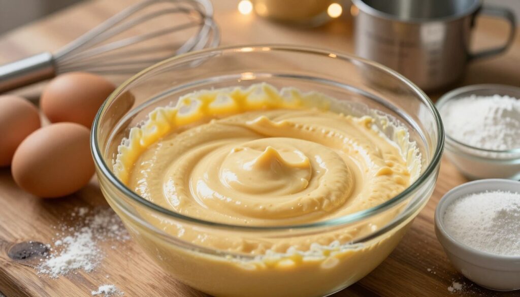 A close-up view of a creamy, thick batter in a glass mixing bowl, surrounded by ingredients like eggs, flour, and sugar neatly arranged on a rustic wooden counter. The batter is a rich golden-yellow color with a smooth texture, reflecting the light from a softly glowing overhead kitchen light. In the background, a vintage whisk and measuring cups hint at the baking process, while a few scattered flour dust particles catch the light, adding warmth to the scene. The focus is sharp on the batter, conveying a sense of anticipation and comfort, with soft bokeh effects in the background, creating a cozy, inviting atmosphere perfect for home baking.