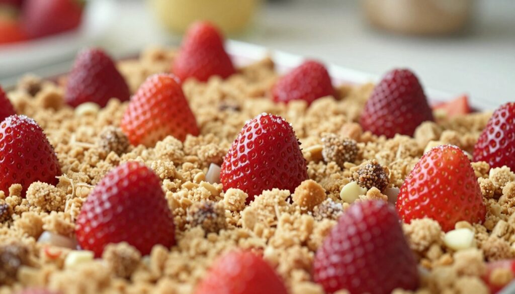 A close-up view of a delicious strawberry crunch topping, featuring vibrant red strawberries and a crispy golden-brown crumble. In the foreground, plump strawberries are scattered among a fine layer of crunchy bits, glistening with a hint of sugar. The middle of the image showcases the textured crunch, with contrasting colors of red, brown, and cream, emphasizing its fresh and inviting nature. In the background, a softly blurred kitchen setting with warm lighting adds a cozy and inviting atmosphere, hinting at a baking scene. The image should be bright and cheerful, capturing the essence of a delightful strawberry crunch topping that remains crisp and adds a gourmet touch to desserts. The angle is slightly overhead, inviting viewers to partake in the deliciousness.