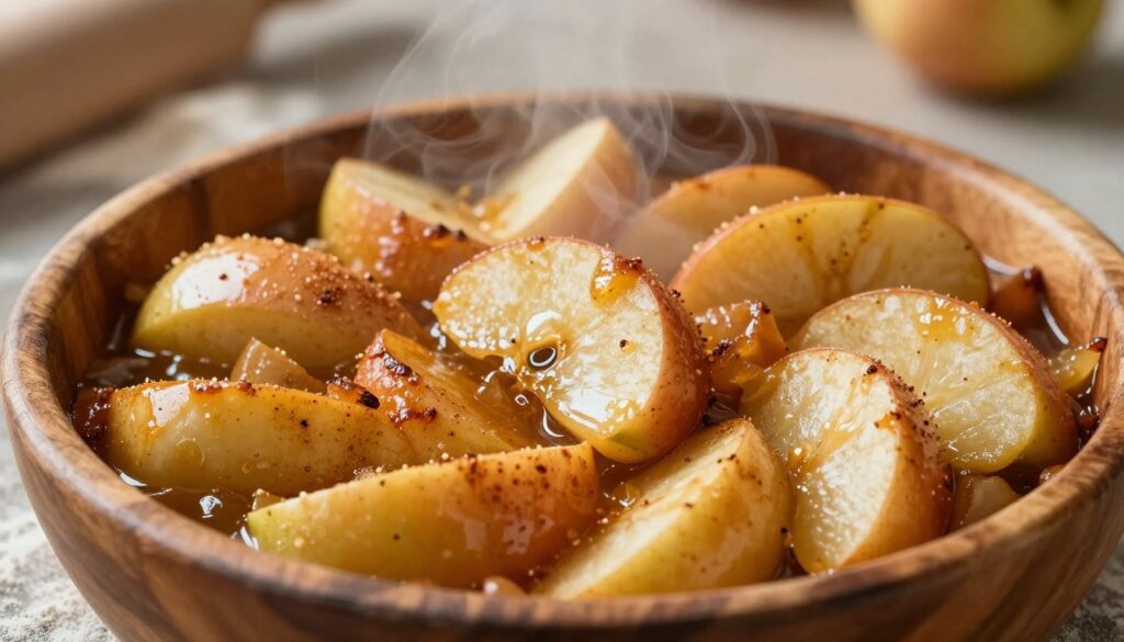 A close-up view of a freshly made apple pie filling in a rustic wooden bowl, showcasing vibrant slices of tender, caramelized apples mixed with a golden, cinnamon-spiced syrup. The apples should glisten with a slight sheen under warm, soft lighting, highlighting their textures and rich colors. In the background, a blurred kitchen countertop can be seen, with scattered flour and a rolling pin, suggesting a cozy baking environment. A subtle, inviting steam rises from the bowl, adding a sense of warmth and aroma to the scene. The angle should be slightly above the bowl, providing a deliciously enticing perspective that draws the viewer into the image, evoking a sense of comfort and home-cooked joy.