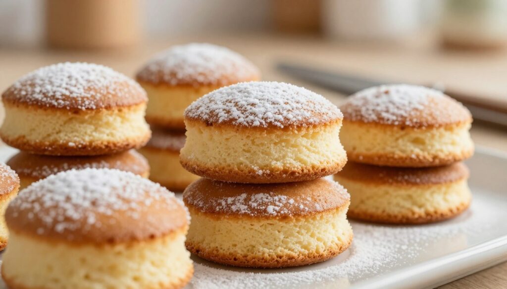 A close-up view of beautifully baked mini cake layers stacked atop each other, showcasing their light brown, golden crusts with a dusting of powdered sugar on top. The foreground features the cake layers with soft, inviting textures and smooth, leveled surfaces. In the middle, a delicate pastry knife rests beside the layers, hinting at the leveling process. The background includes a softly blurred kitchen setting with warm, natural lighting filtering through, casting gentle shadows that enhance the cake's appeal. The overall atmosphere is cozy and inviting, evoking a sense of homemade charm and delicious anticipation for the mini cake recipe. The shot is framed with a shallow depth of field, focusing on the cake layers, creating an enticing culinary image perfect for a baking article.