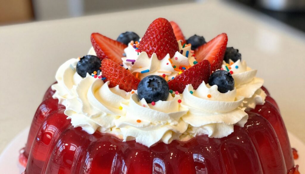 A close-up view of fluffy whipped cream artistically piled on top of a vibrant Jello cake, highlighting its creamy texture and glossy sheen. The whipped cream is adorned with a sprinkle of colorful edible confetti and fresh berries in a harmonious array, such as strawberries and blueberries, to enhance its visual appeal. Soft natural lighting illuminates the whipped cream, casting gentle reflections on the cake's surface, creating an inviting atmosphere. The background features a softly blurred kitchen countertop, adding warmth without distraction. The image captures a sense of indulgence and celebration, making the dessert striking and appealing to viewers. The angle is from slightly above, providing a perfect perspective that showcases the rich details of the whipped cream and toppings.