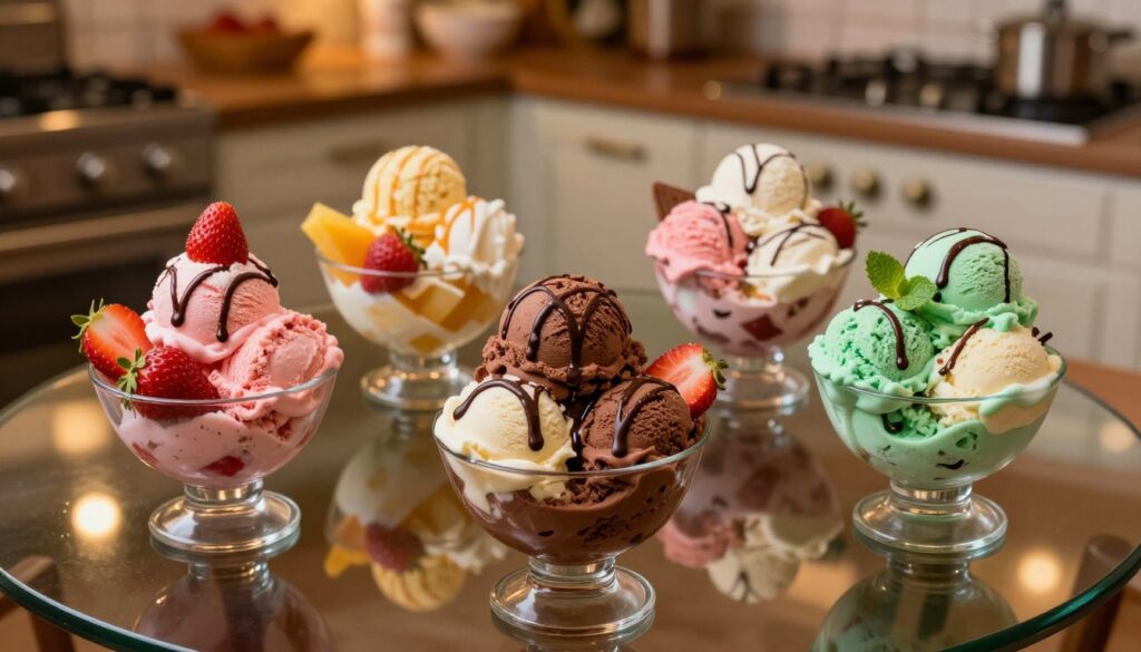 A deliciously enticing scene featuring a variety of ice cream scoops artfully arranged in elegant dessert bowls. The foreground showcases vibrant, colorful scoops in flavors like strawberry, chocolate, and mint green, each garnished with fresh fruit and drizzles of chocolate sauce. In the middle, a glass table reflects the bowls, enhancing the visual appeal. In the background, a softly blurred kitchen setting with warm, inviting lighting creates a cozy atmosphere, evoking the feeling of a friendly gathering. The image is captured from a slight overhead angle, focusing on the textures and details of the ice cream. The mood is cheerful and inviting, perfect for serving as a delightful treat for any occasion.