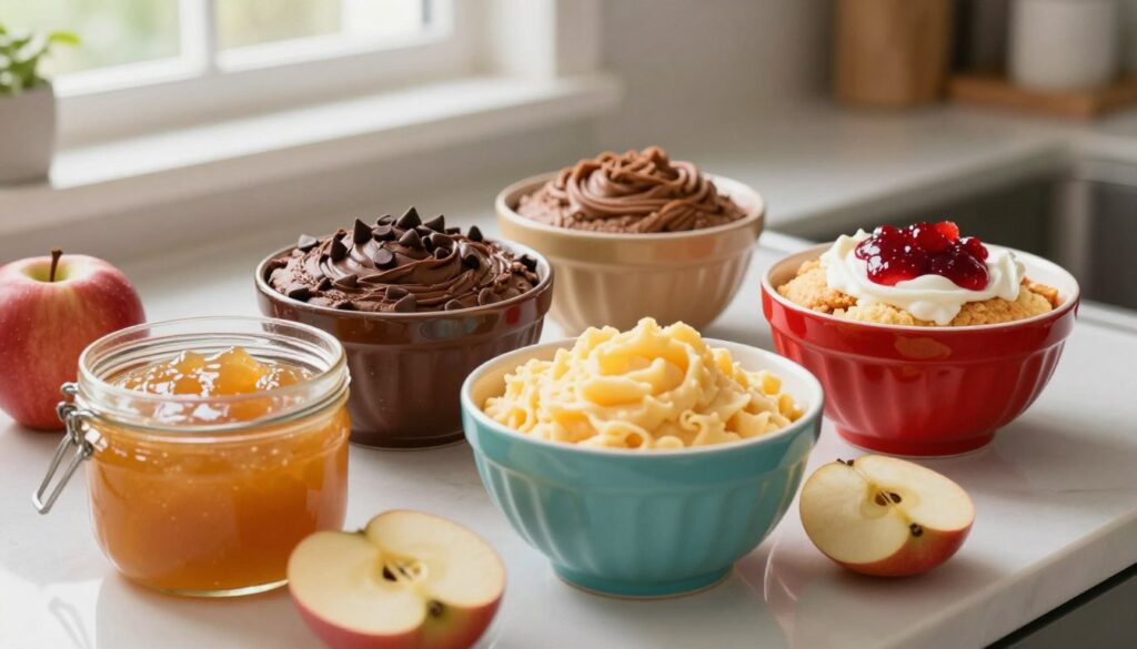 A vibrant and inviting kitchen countertop showcasing a variety of cake mix variations in colorful bowls, each with unique fillings placed next to them. In the foreground, a bowl of golden yellow cake mix beside a jar of apple filling, accented with slices of fresh apples. In the middle, a chocolate cake mix bowl paired with rich chocolate chips, and a vibrant red bowl of strawberry cake mix complemented by strawberry preserves. In the background, soft natural light filters through a window, creating a warm and cozy ambiance. The scene is composed with a shallow depth of field to keep the focus on the cake mix variations, capturing the essence of creativity and comfort in baking.