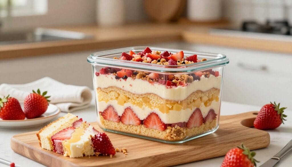 A well-organized kitchen scene showcasing an airtight storage container filled with vibrant, layered Strawberry Crunch Cake. The container should be made of clear glass, allowing the colorful cake layers to be visible, topped with a dusting of crushed strawberries and crumbled cookie crunch. In the foreground, we see a wooden cutting board with a slice of cake next to a small serving plate adorned with fresh strawberries. The middle ground features kitchen utensils and a white dish towel. The background is softly blurred with warm kitchen lighting, enhancing the inviting atmosphere. The composition should evoke a sense of freshness and homeliness, highlighting the importance of effective storage for preserving cake texture. The image should be shot at a slight angle for added depth.