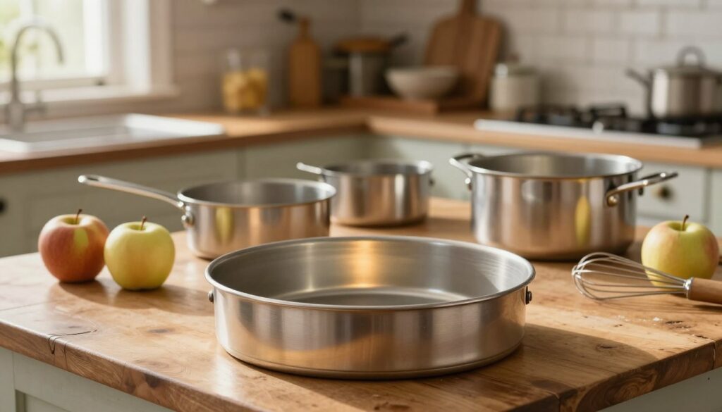 An elegant kitchen scene showcasing a variety of high-quality pans suitable for baking, prominently featuring a traditional round cake pan in the foreground. The pan is made of shiny metal, reflecting warm kitchen light, with a subtle golden glow. In the middle ground, a lightly worn wooden countertop displays a few apples, a measuring cup, and a whisk, hinting at baking activity. The background features softly blurred elements like an antique farmhouse kitchen with rustic wooden cabinets and shelves filled with baking essentials. Soft natural light streams in through a window, creating a cozy, inviting atmosphere, perfect for illustrating kitchen tools in use. The scene conveys warmth and homeliness, emphasizing the craftsmanship behind baking.